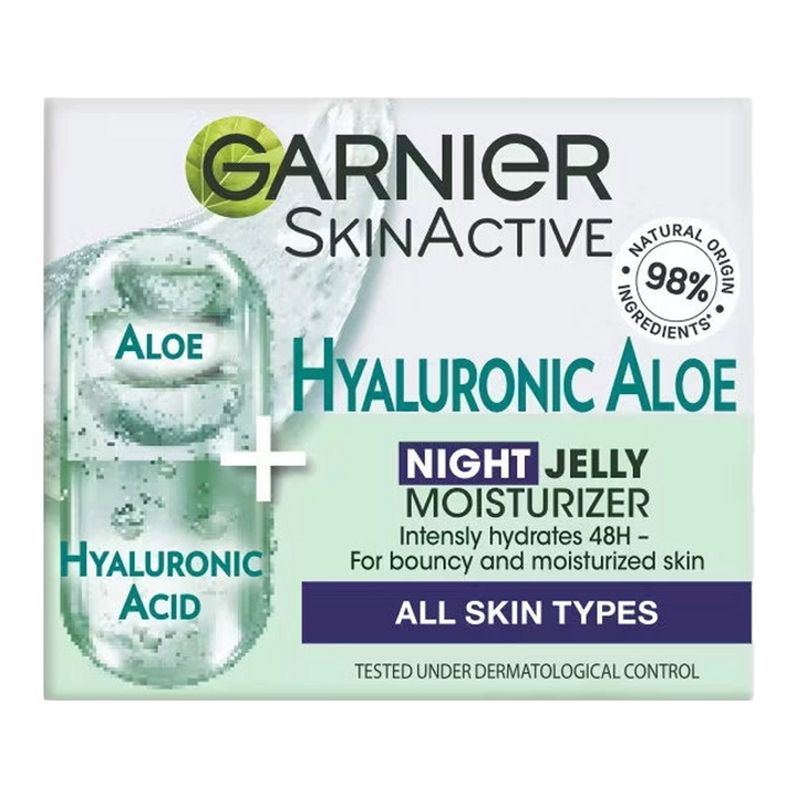 Garnier Hyaluronic Aloe Night Jelly – vegan 98% natural origin formula with aloe, hyaluronic acid and argan oil for soft, hydrated skin by morning