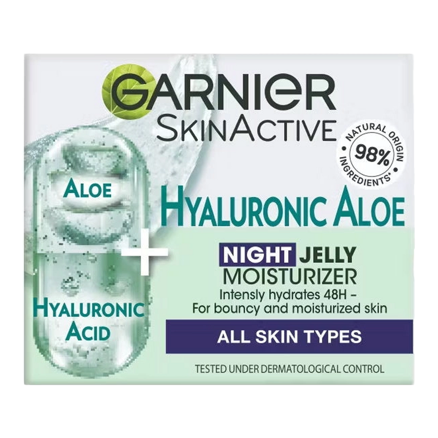 Garnier Hyaluronic Aloe Night Jelly – vegan 98% natural origin formula with aloe, hyaluronic acid and argan oil for soft, hydrated skin by morning