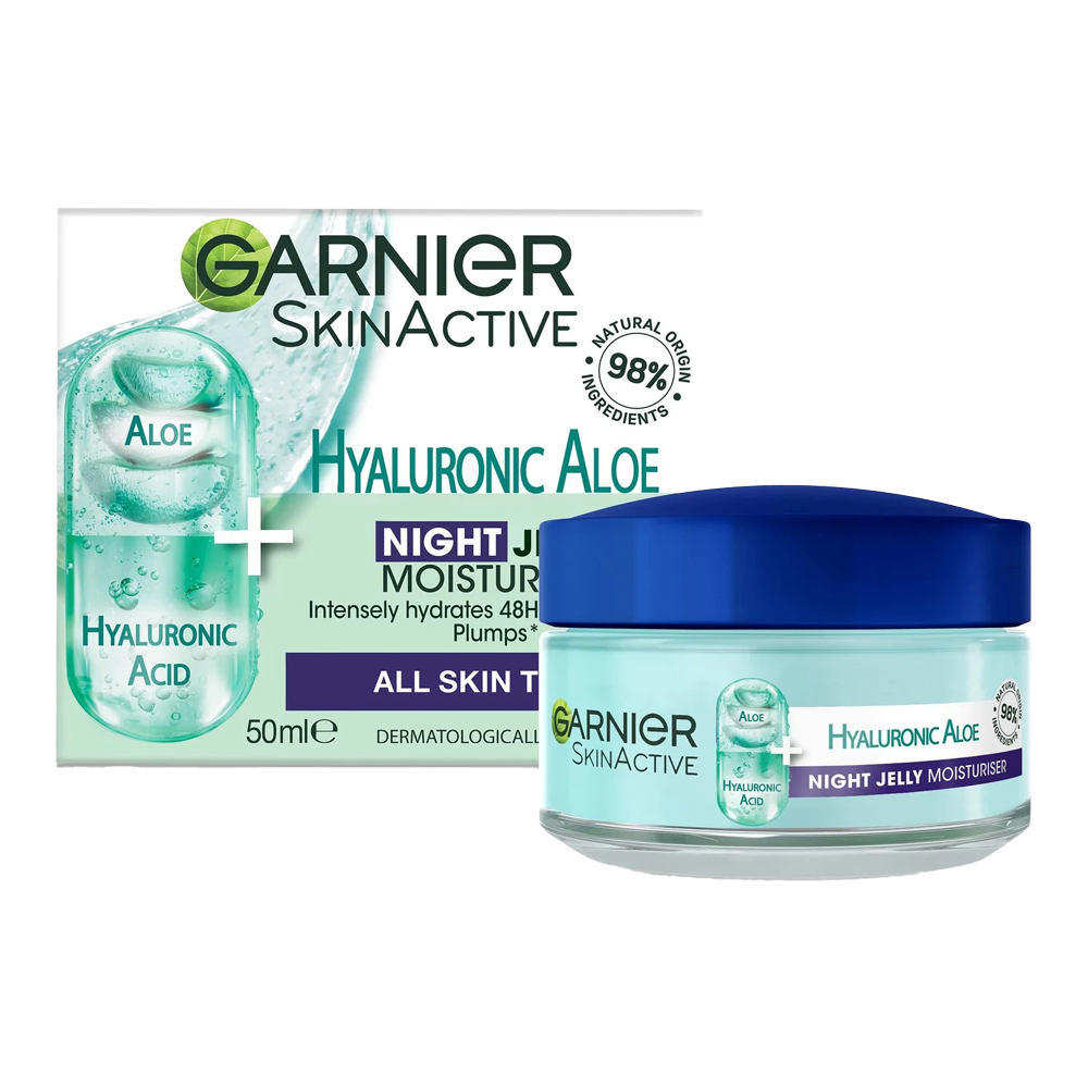 Garnier Hyaluronic Aloe Night Jelly 50ml – lightweight gel moisturiser with aloe, hyaluronic acid & argan oil for 48H hydration and overnight repair