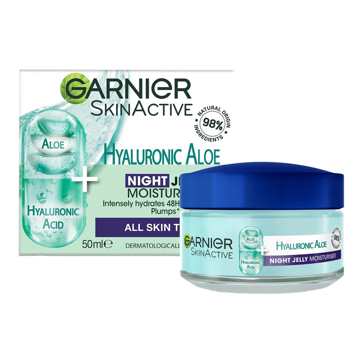 Garnier Hyaluronic Aloe Night Jelly 50ml – lightweight gel moisturiser with aloe, hyaluronic acid & argan oil for 48H hydration and overnight repair