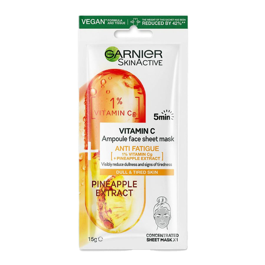 Garnier Vitamin C Sheet Mask with 1% vitamin Cg and pineapple extract to reduce dullness, brighten skin and energise tired complexions in 5 minutes