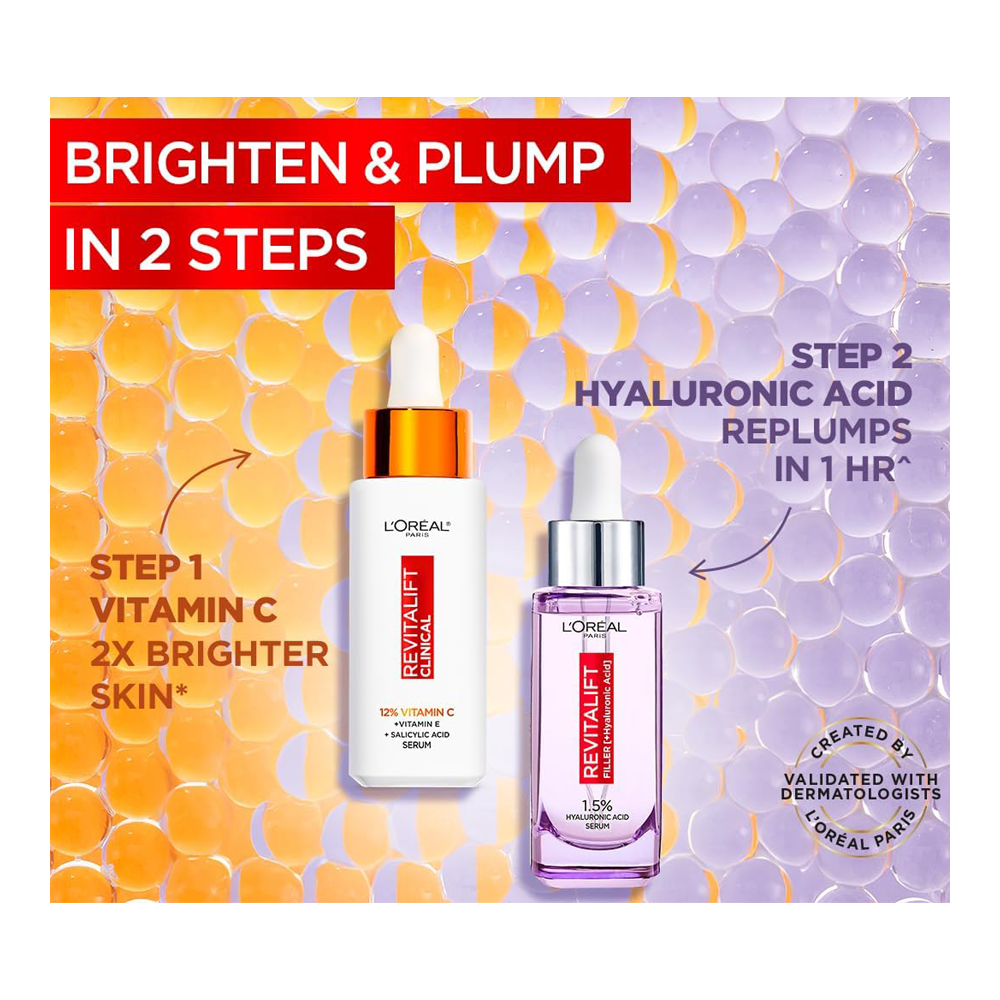 Two-step routine with L'Oréal Vitamin C Serum and Hyaluronic Acid Serum for layering skincare benefits