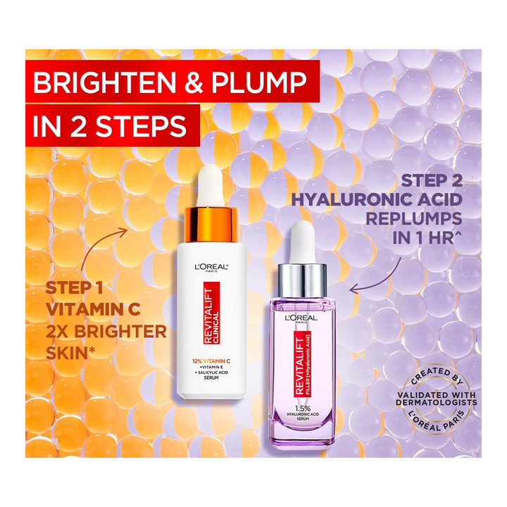 Two-step routine with L'Oréal Vitamin C Serum and Hyaluronic Acid Serum for layering skincare benefits