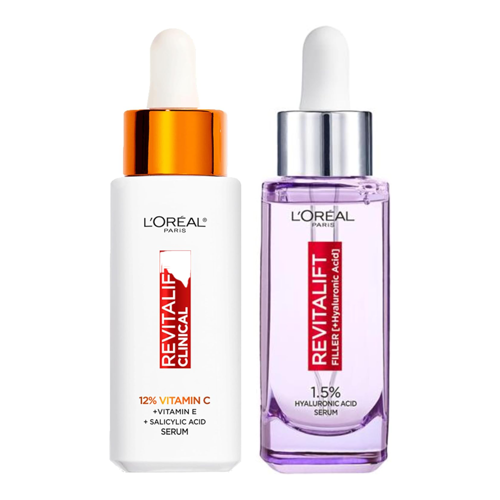 Unboxed view of L'Oréal Cha-Cha Better Together Set showing full-size Vitamin C and HA serums