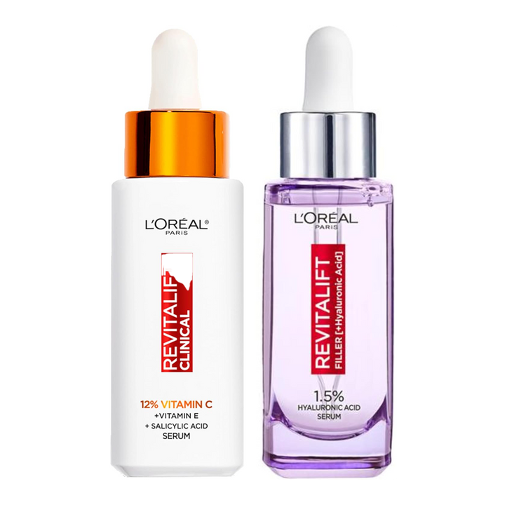 Unboxed view of L'Oréal Cha-Cha Better Together Set showing full-size Vitamin C and HA serums