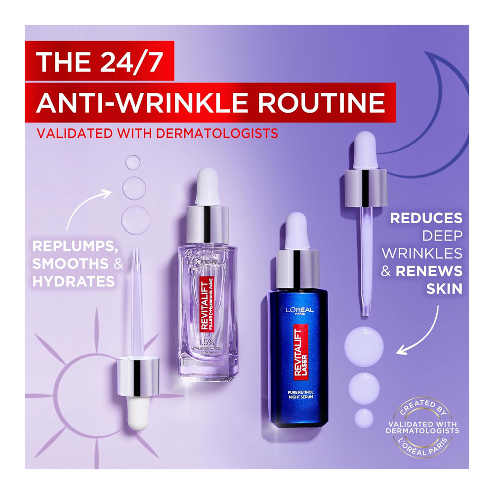 L'Oréal 2-step Day & Night Serums routine with HA in the morning and Retinol at night
