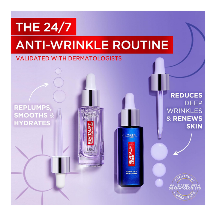 L'Oréal 2-step Day & Night Serums routine with HA in the morning and Retinol at night