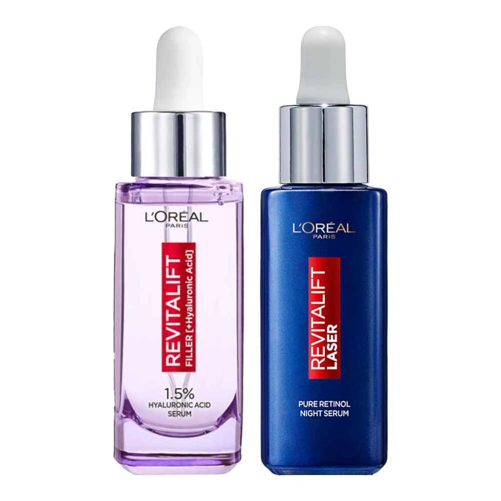 Unboxed view of L'Oréal Day & Night Power Serums Set showing full-size HA and Retinol bottles