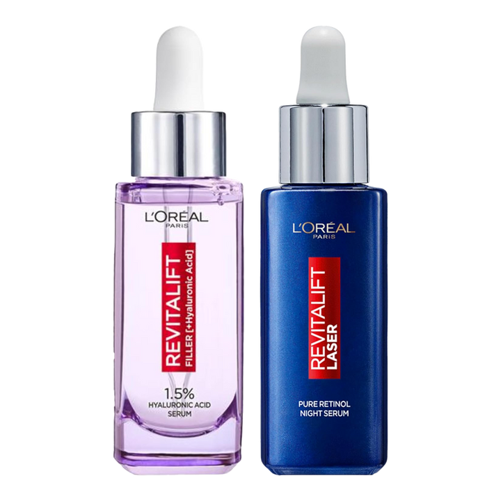 Unboxed view of L'Oréal Day & Night Power Serums Set showing full-size HA and Retinol bottles
