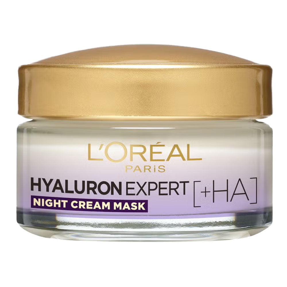 L'Oréal Hyaluron Expert Night Cream texture in jar, rich hydrating formula with hyaluronic acid for overnight skin repair