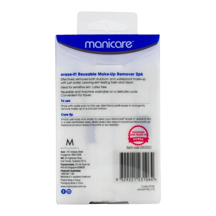 Manicare erase-it Reusable Make-Up Remover 2pk packaging back with directions
