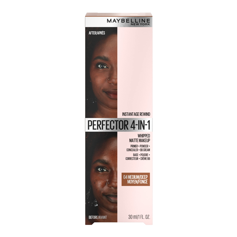 Front-facing box of Maybelline 4-in-1 Whipped Matte BB Cream 04 MEDIUM DEEP showing key claims and product benefits