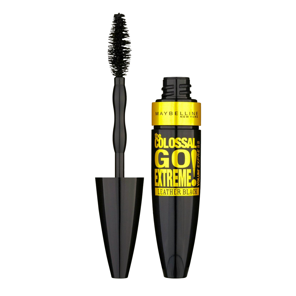 Maybelline Colossal Go Extreme mascara in Leather Black with superloading brush for extreme volume and matte black intensity