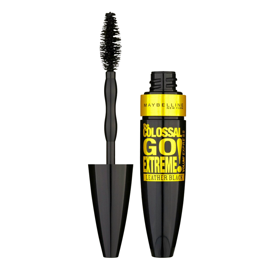 Maybelline Colossal Go Extreme mascara in Leather Black with superloading brush for extreme volume and matte black intensity