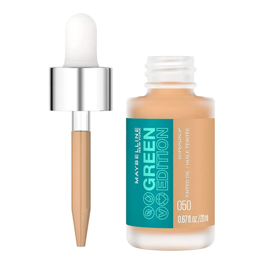 Maybelline Superdrop Tinted Oil 050 with skin-adaptive tint and conditioning oils in sustainable packaging