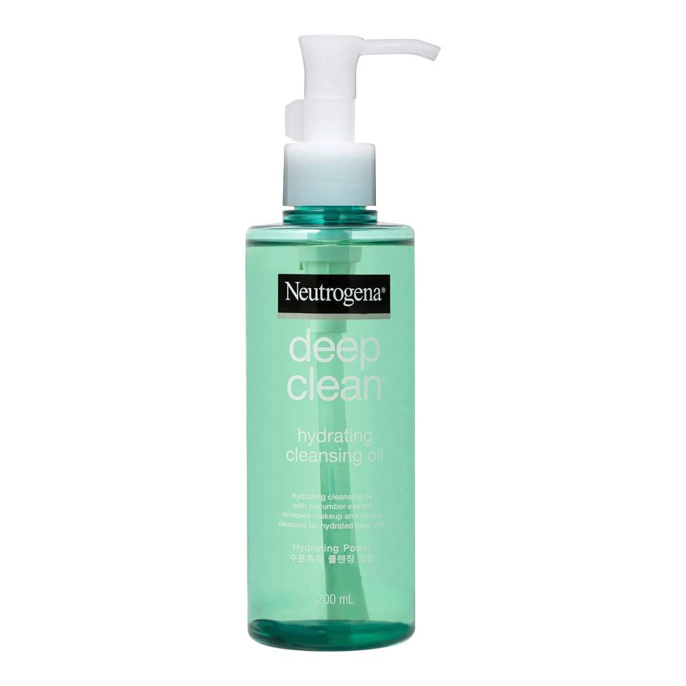 Neutrogena Deep Clean Cleansing Oil bottle on white background showing gentle cleansing formula enriched with niacinamide