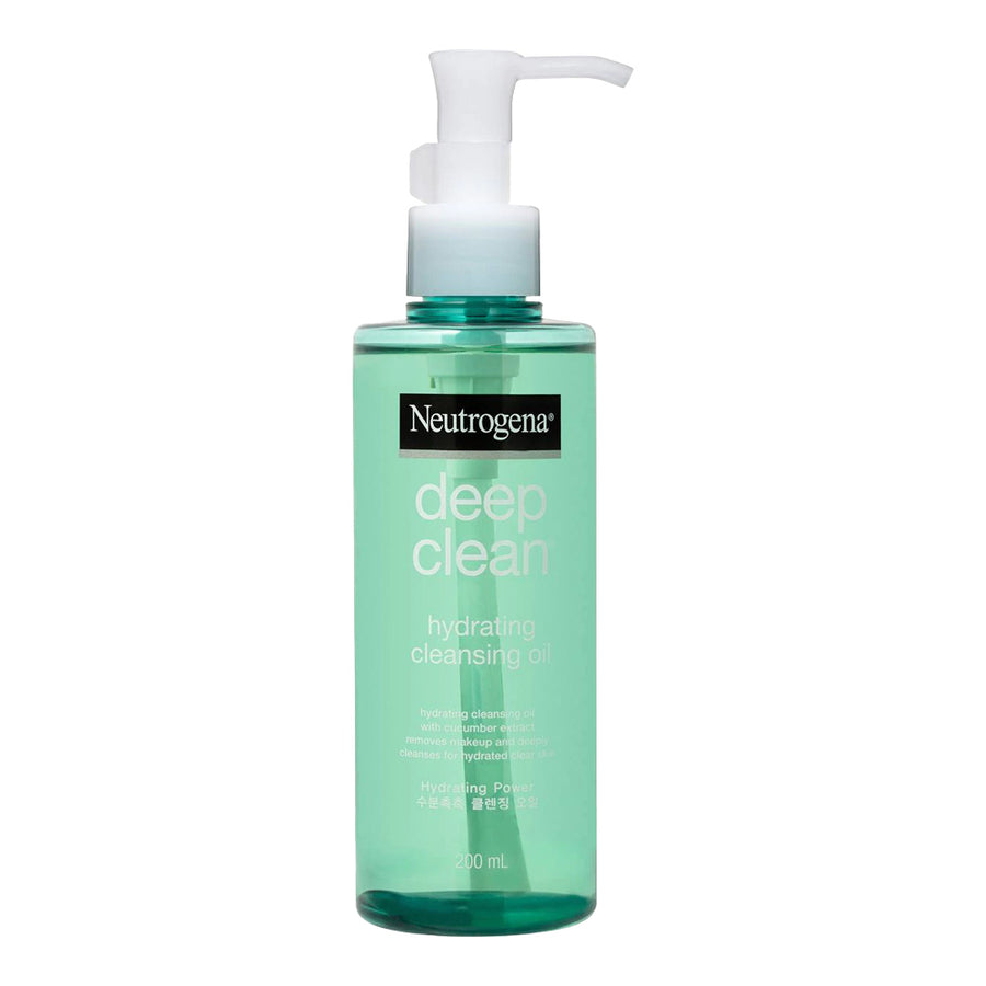 Neutrogena Deep Clean Cleansing Oil bottle on white background showing gentle cleansing formula enriched with niacinamide