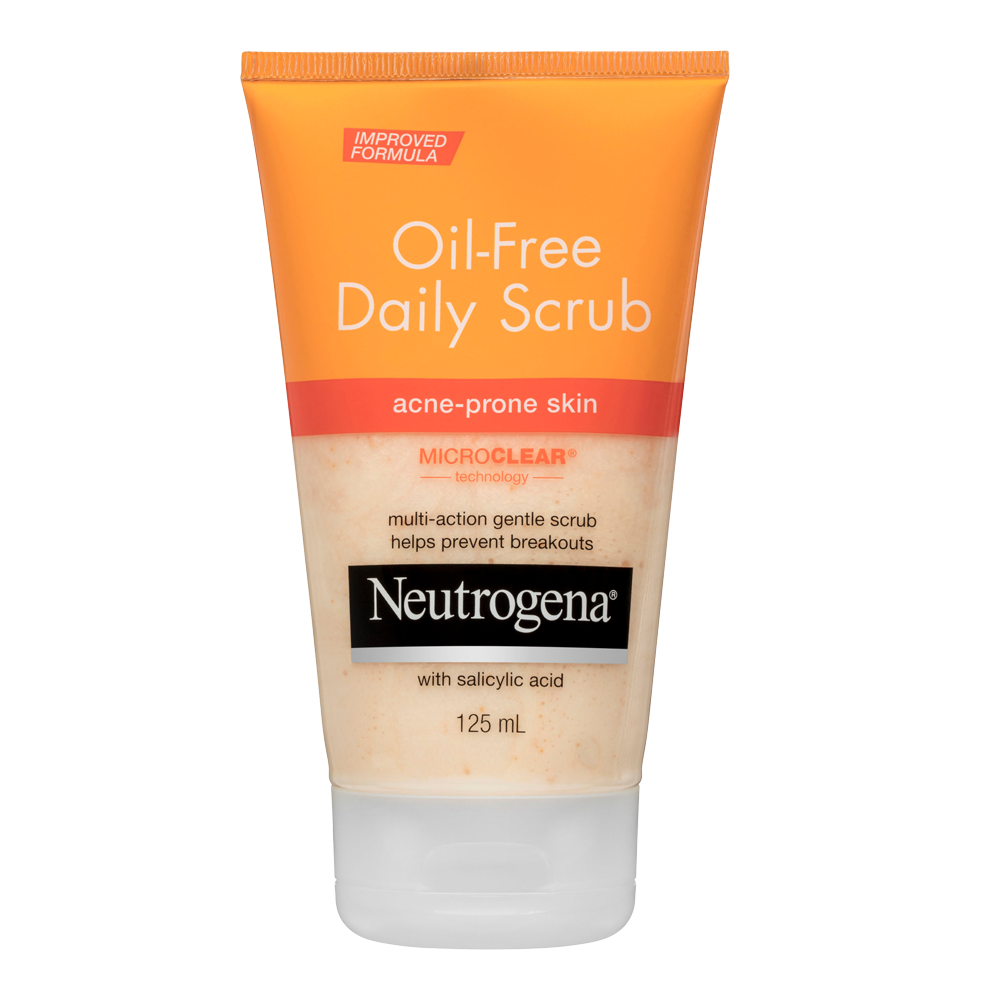 Neutrogena Oil-Free Daily Scrub tube on white background for acne-prone skin with salicylic acid and MicroClear technology