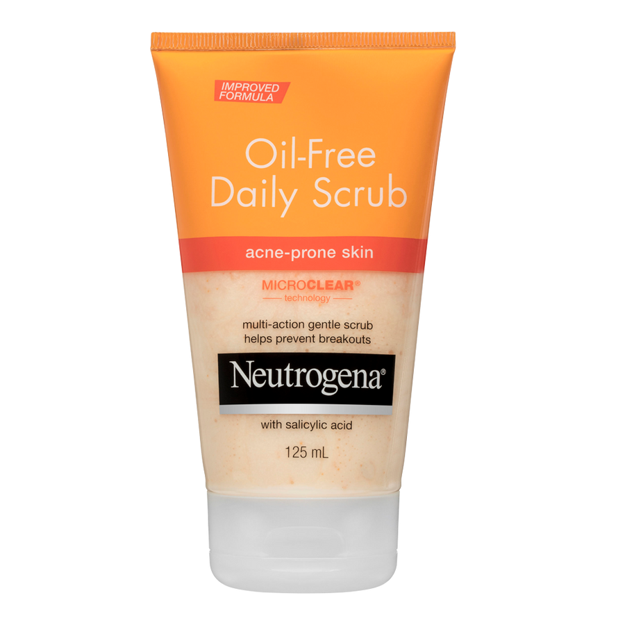 Neutrogena Oil-Free Daily Scrub tube on white background for acne-prone skin with salicylic acid and MicroClear technology