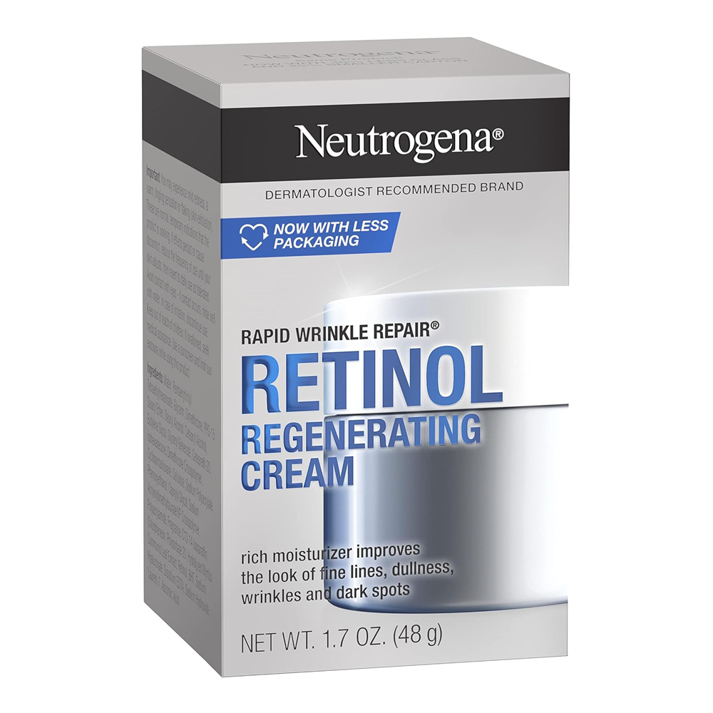 Neutrogena Rapid Wrinkle Repair Retinol Regenerating Cream with box smooths skin, fades wrinkles and targets dark spots