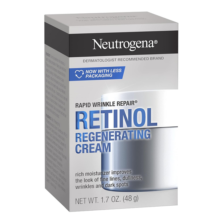 Neutrogena Rapid Wrinkle Repair Retinol Regenerating Cream with box smooths skin, fades wrinkles and targets dark spots