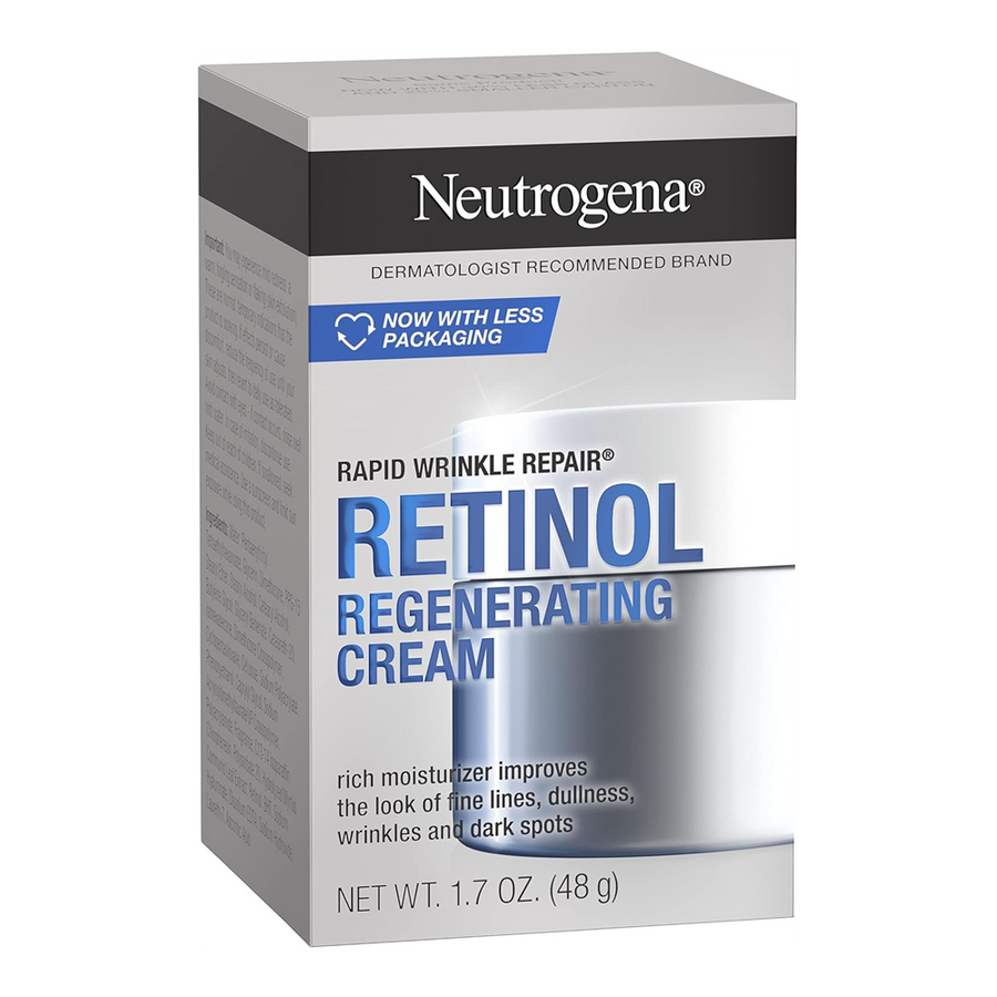Neutrogena Rapid Wrinkle Repair Retinol Regenerating Cream with box smooths skin, fades wrinkles and targets dark spots