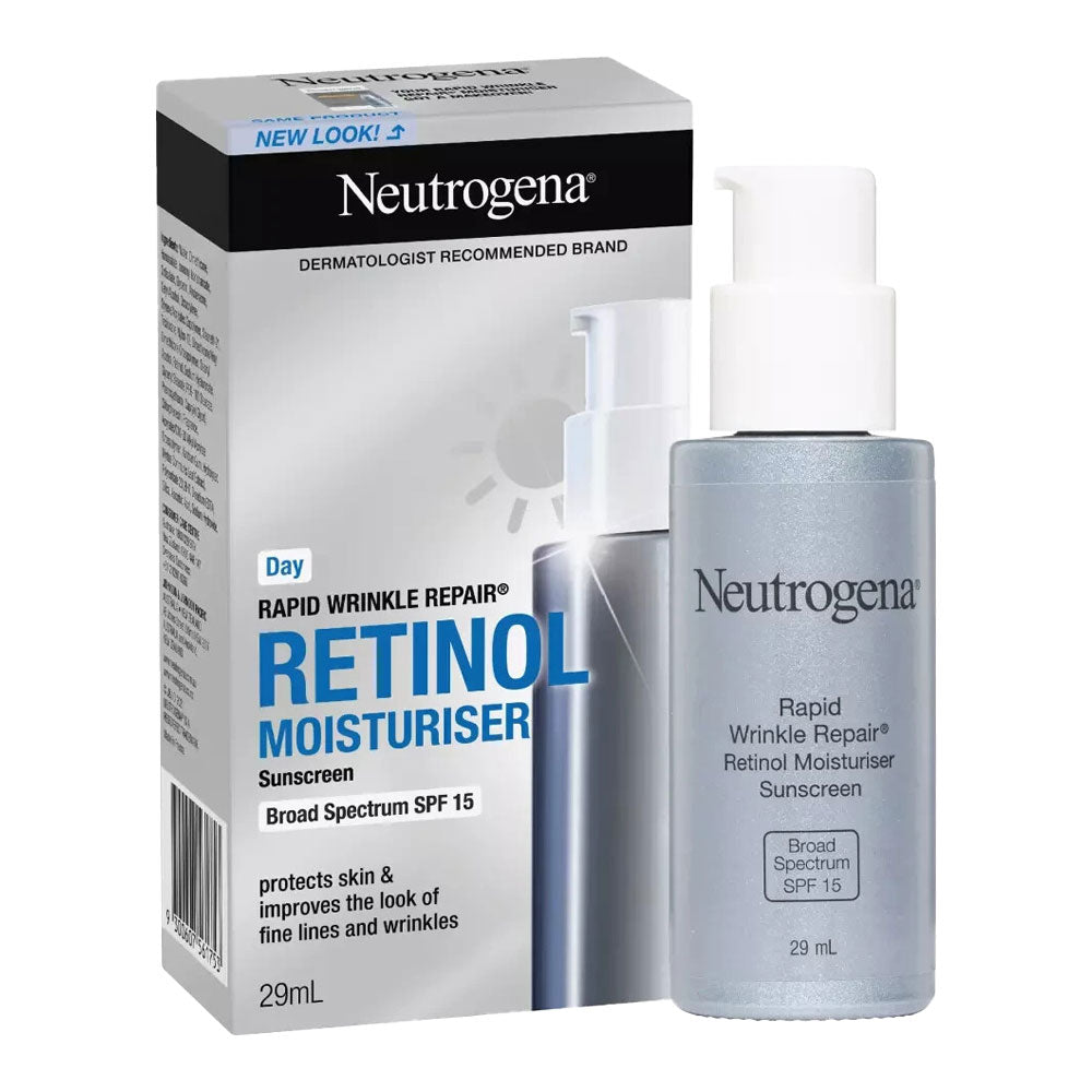 Neutrogena Retinol Moisturiser SPF 15 pump dispensing anti-wrinkle formula to smooth skin and protect with daily sun defence