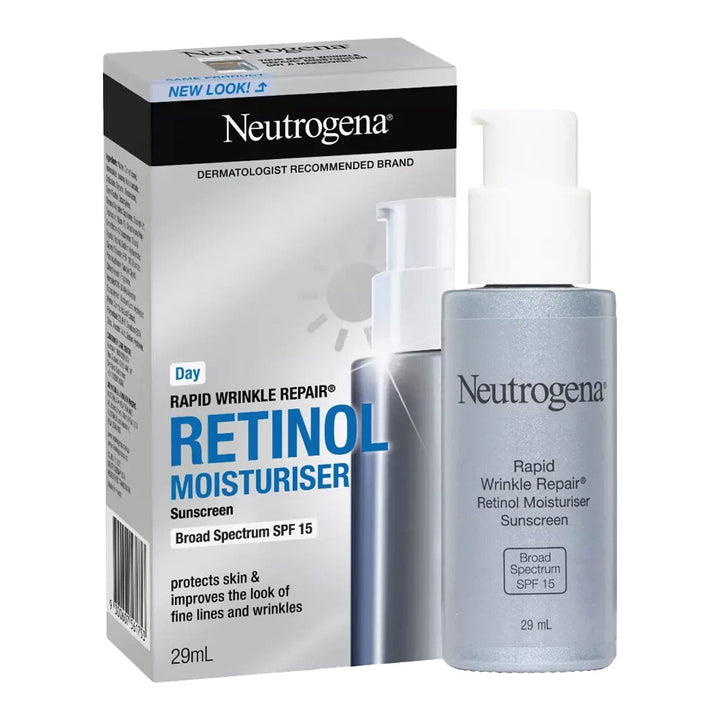 Neutrogena Retinol Moisturiser SPF 15 pump dispensing anti-wrinkle formula to smooth skin and protect with daily sun defence