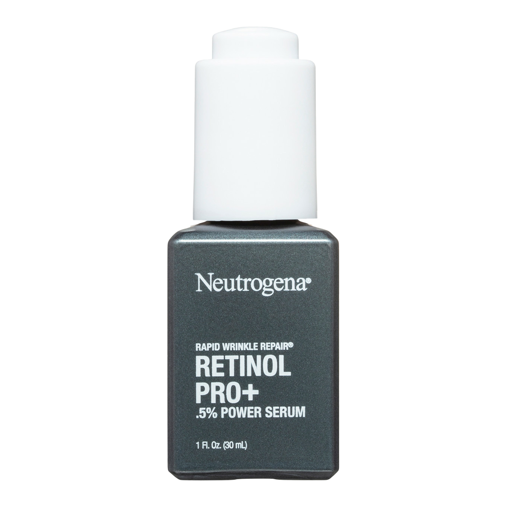 Neutrogena Retinol Pro+ 0.5% Serum bottle smooths deep wrinkles and dark spots with retinol for firmer, radiant-looking skin