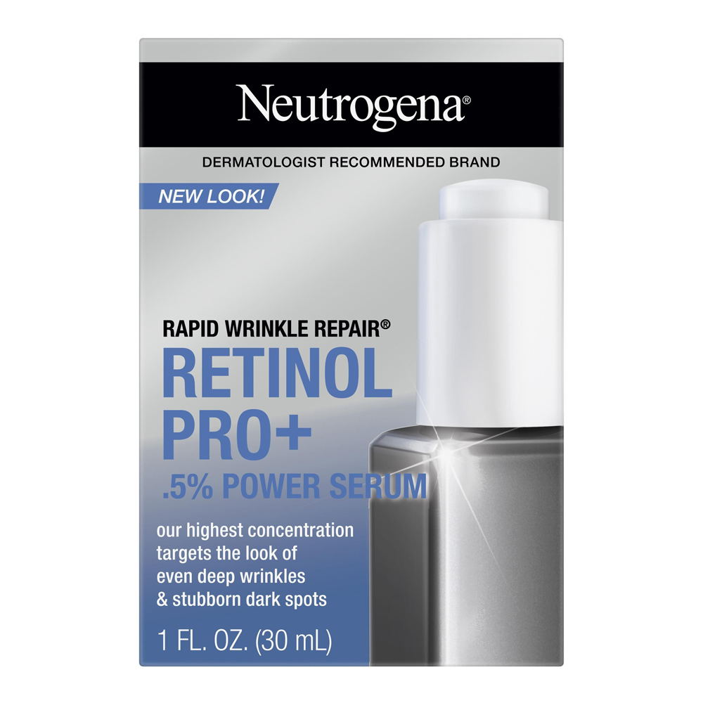 Neutrogena Retinol Pro+ 0.5% Serum with packaging targets deep wrinkles and dark spots with high-strength retinol and Neocitriate