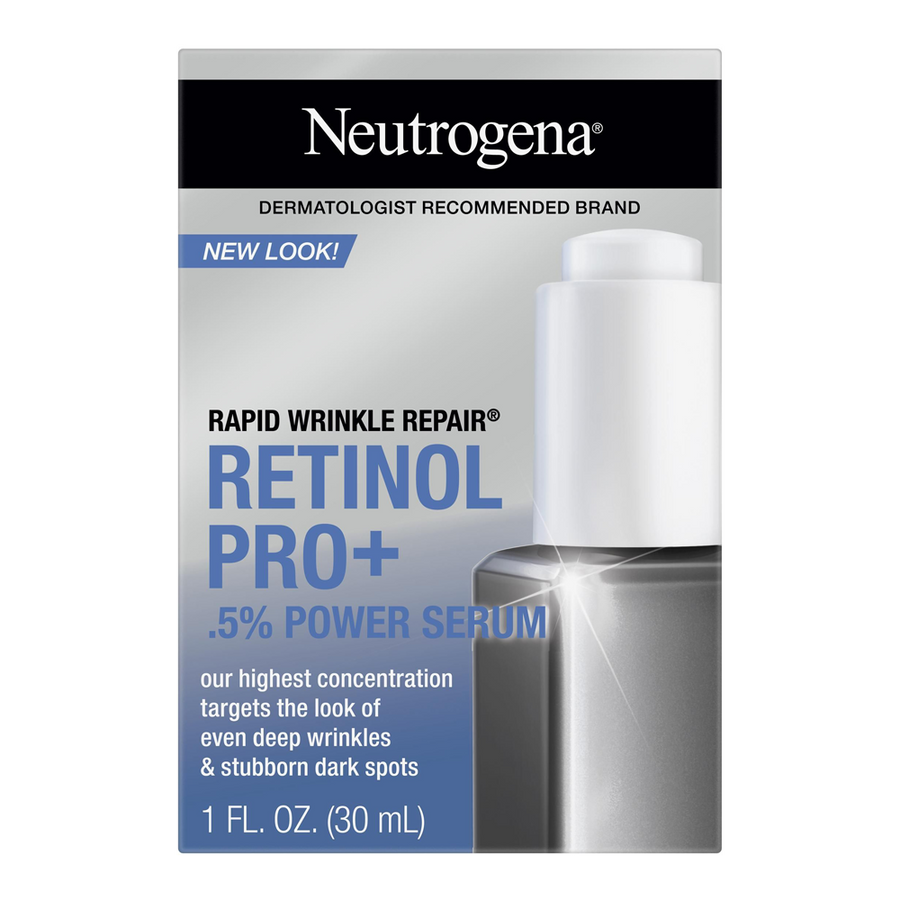 Neutrogena Retinol Pro+ 0.5% Serum with packaging targets deep wrinkles and dark spots with high-strength retinol and Neocitriate