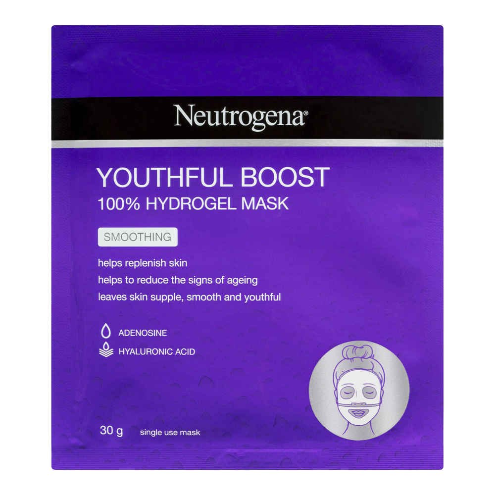 Neutrogena Youthful Boost 100% Hydrogel Mask with hyaluronic acid and adenosine to hydrate, smooth and reduce signs of ageing