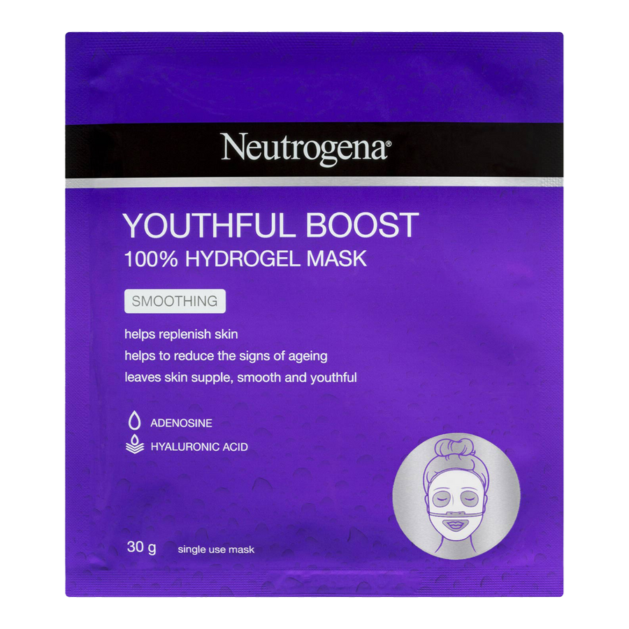 Neutrogena Youthful Boost 100% Hydrogel Mask with hyaluronic acid and adenosine to hydrate, smooth and reduce signs of ageing