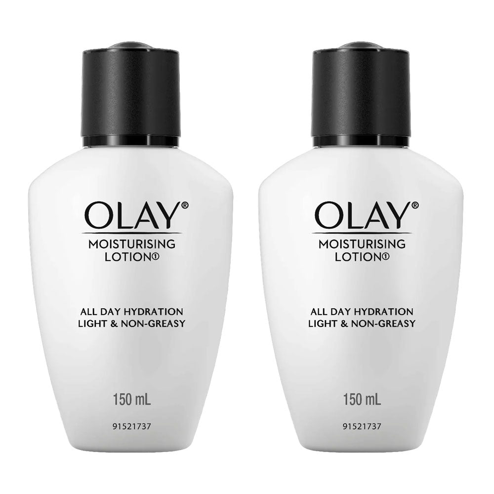 Olay Moisturising Lotion 2 Pack unboxed – iconic pink lotion bottles with fast-absorbing, non-greasy moisturising formula