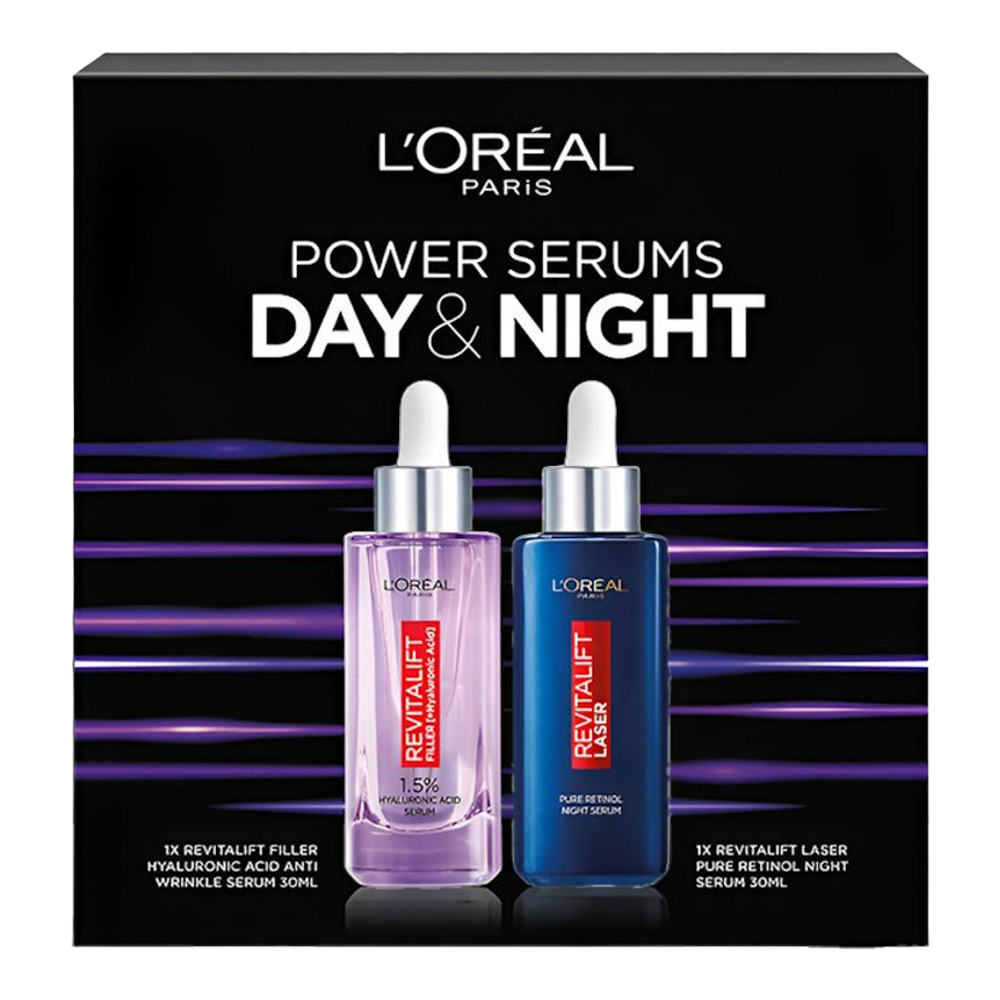 L'Oréal Day & Night Power Serums Set boxed packaging with Hyaluronic Acid and Retinol serums