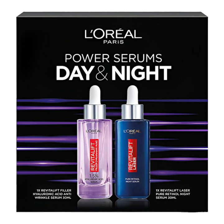 L'Oréal Day & Night Power Serums Set boxed packaging with Hyaluronic Acid and Retinol serums