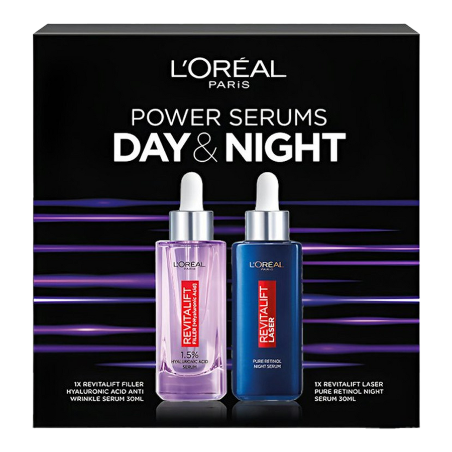 L'Oréal Day & Night Power Serums Set boxed packaging with Hyaluronic Acid and Retinol serums
