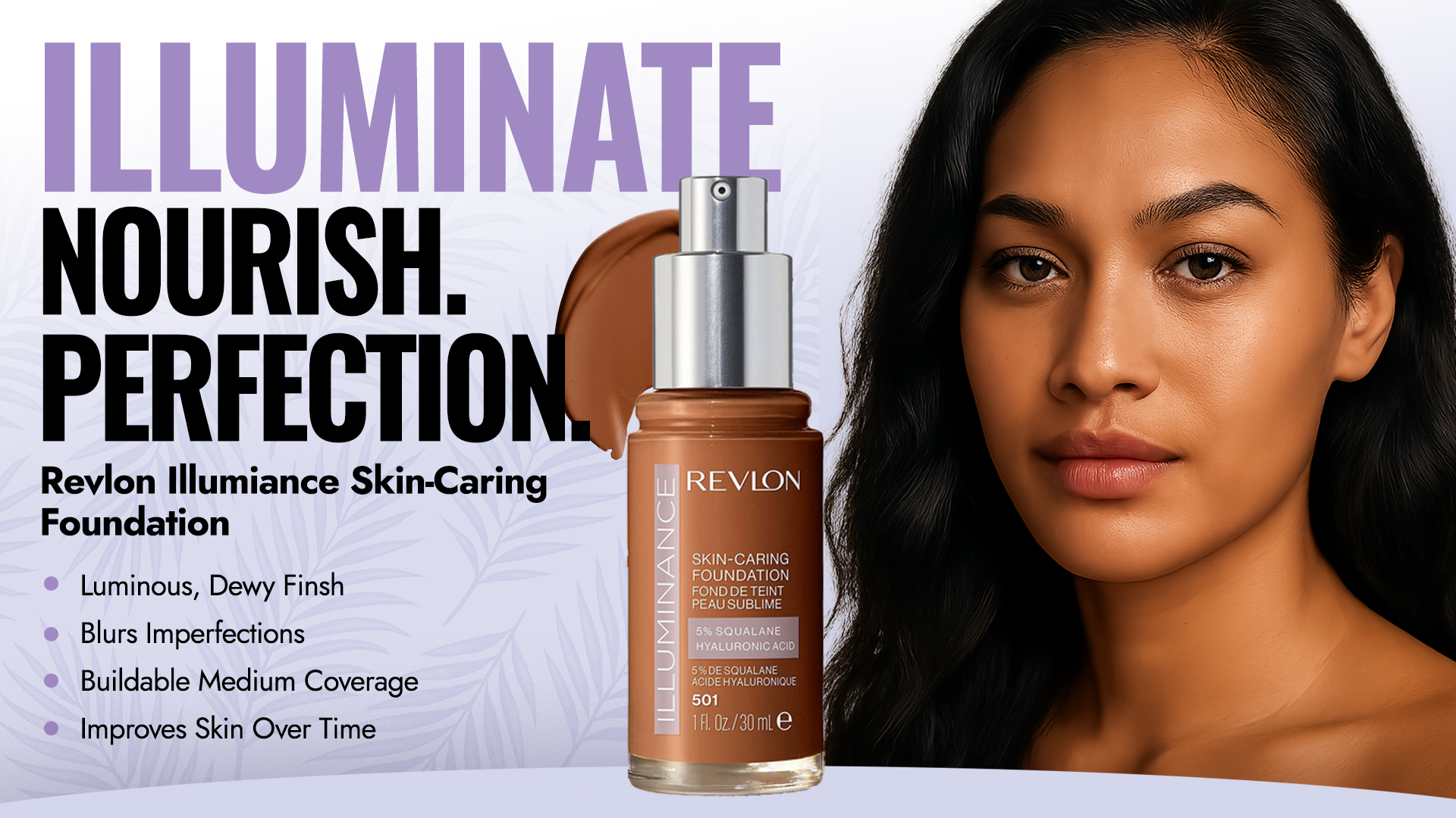Revlon Illuminance Skin-Caring Foundation with glowing skin and smooth finish in compact mobile-friendly format | Blush Fiji