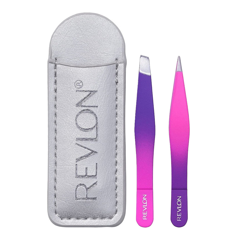 Revlon Mini Tweezer Set – dual-tip slant & point tweezers in pink and black for precise grooming anywhere