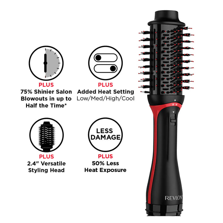 Benefits of Revlon One-Step Volumiser Plus: fast drying, 75% more shine, root lift, volume, smoothness, less heat damage