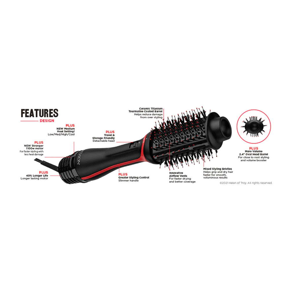 Revlon One-Step Volumiser Plus showing slim handle, control dial, vents, and oval brush design with ceramic titanium finish