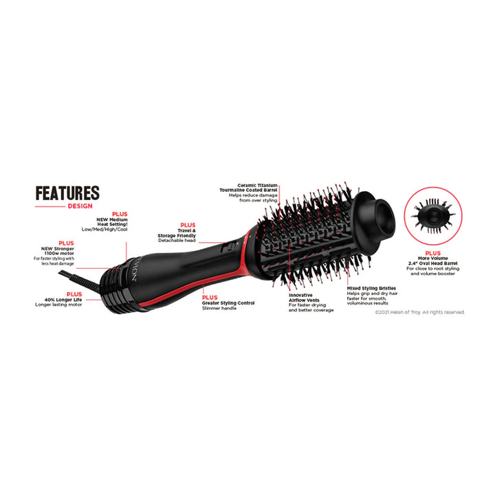 Revlon One-Step Volumiser Plus showing slim handle, control dial, vents, and oval brush design with ceramic titanium finish