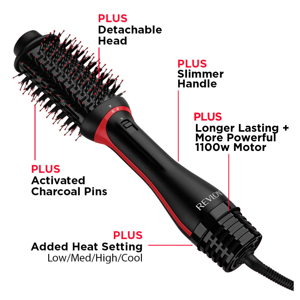 Features of Revlon One-Step Volumiser Plus include 1100W motor, ceramic titanium barrel and interchangeable head