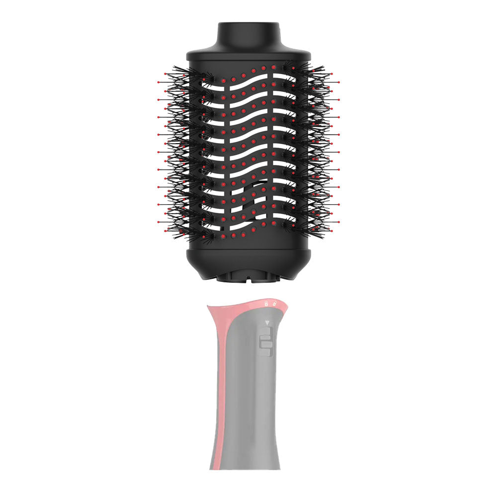 Close-up of Revlon Volumiser PLUS 70mm oval brush snapping into power head — shows secure, detachable connection system