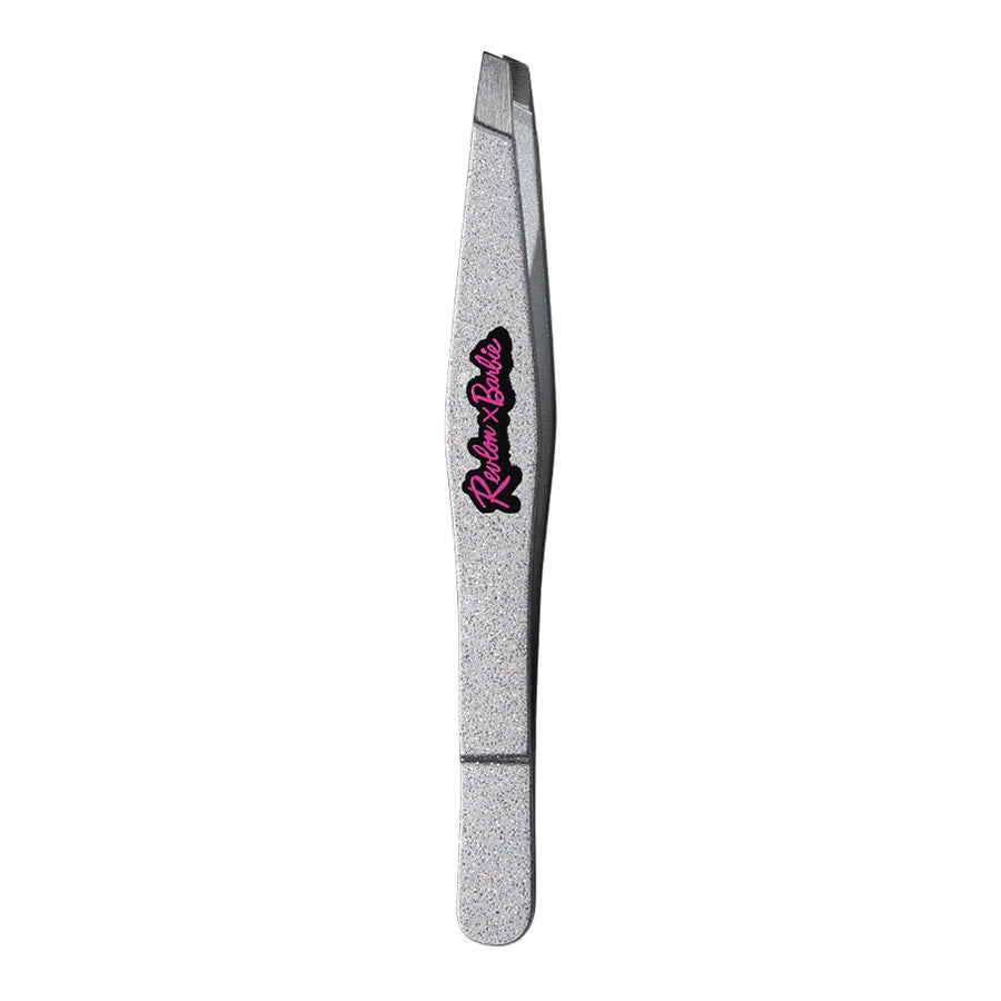 Revlon X Barbie Slant Tip Tweezer in pink with stainless steel tips for precise brow grooming and portable touch-ups
