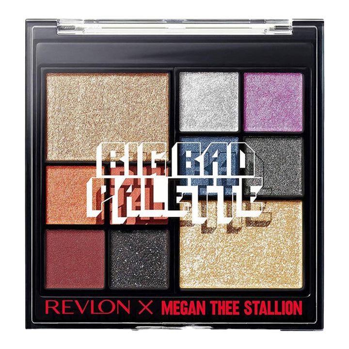 Revlon X Megan Thee Stallion BIG BAD Palette with 10 eyeshadows in pink and bronze tones, including dual-use cheek shades