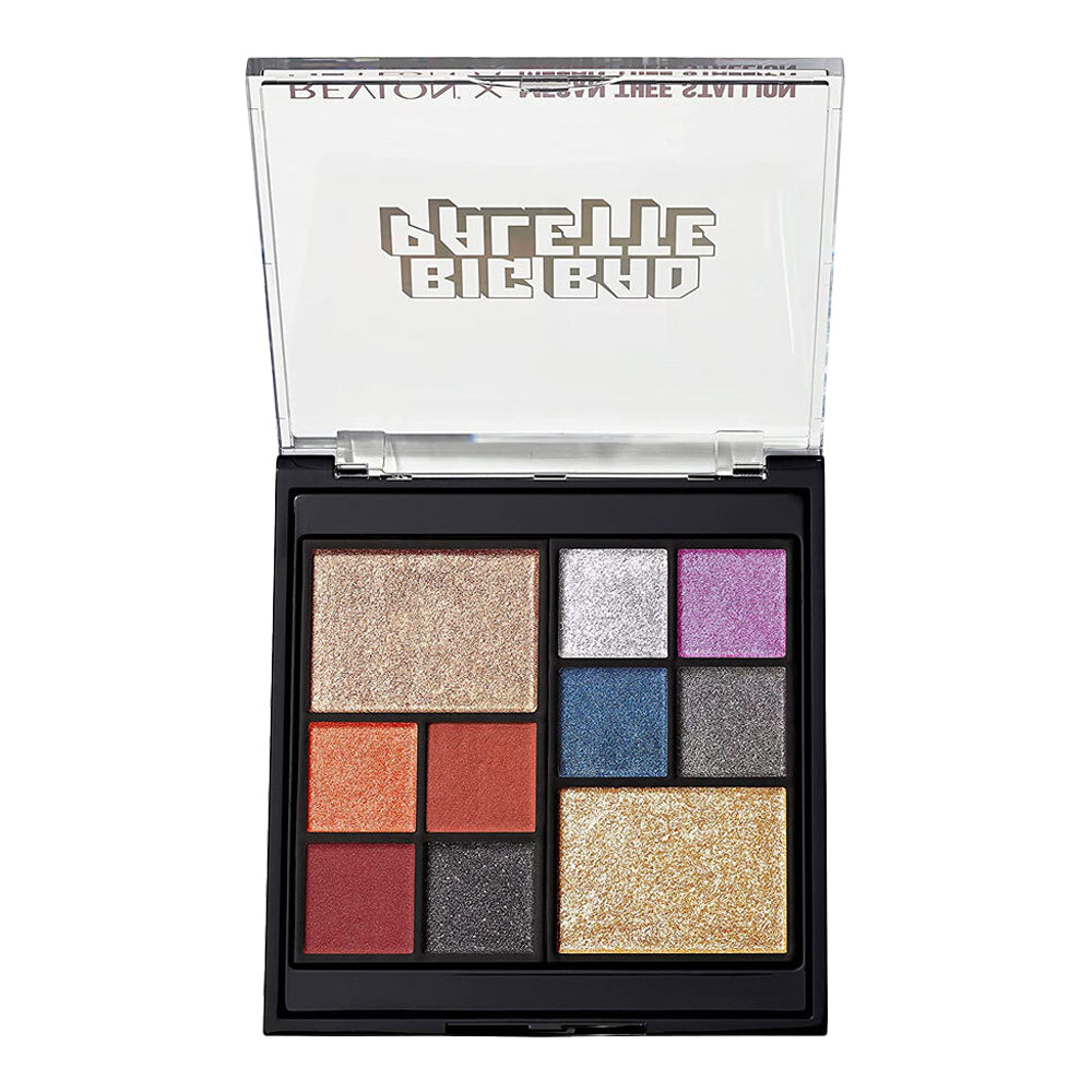 Open Revlon X Megan Thee Stallion BIG BAD Palette showing 10 curated eyeshadows in shimmer, matte, and metallic finishes