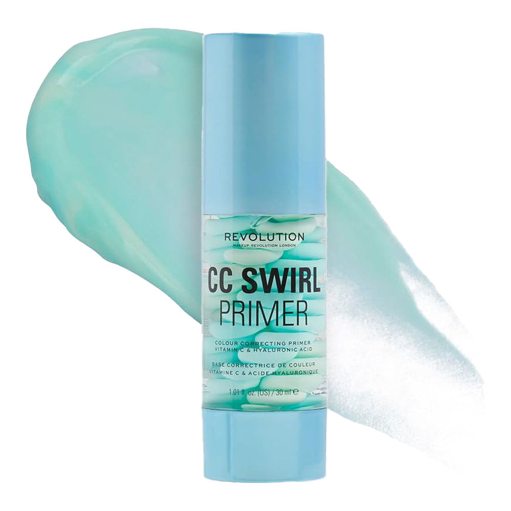 Revolution CC Swirl Primer swatch, colour-correcting primer, pore-blurring oil control, matte base – Blush Fiji