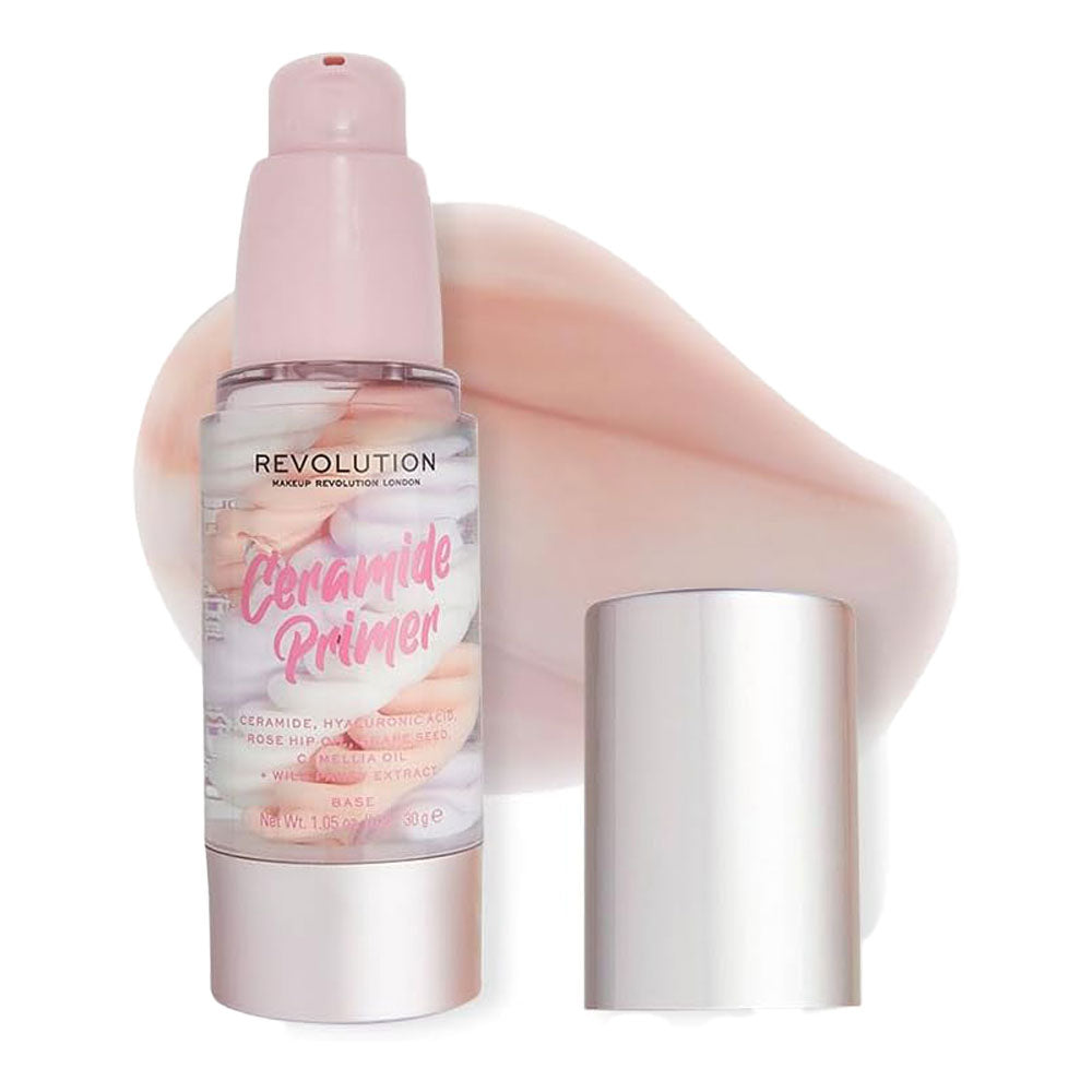 Revolution Ceramide Primer swatch, hydrating creamy primer with ceramides, pore-blurring oil control, matte base – Blush Fiji
