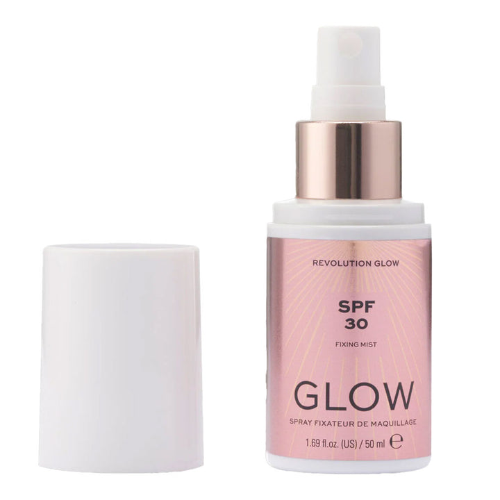 Revolution Glow SPF 30 Fixing Spray open showing fine mist nozzle for even makeup setting application